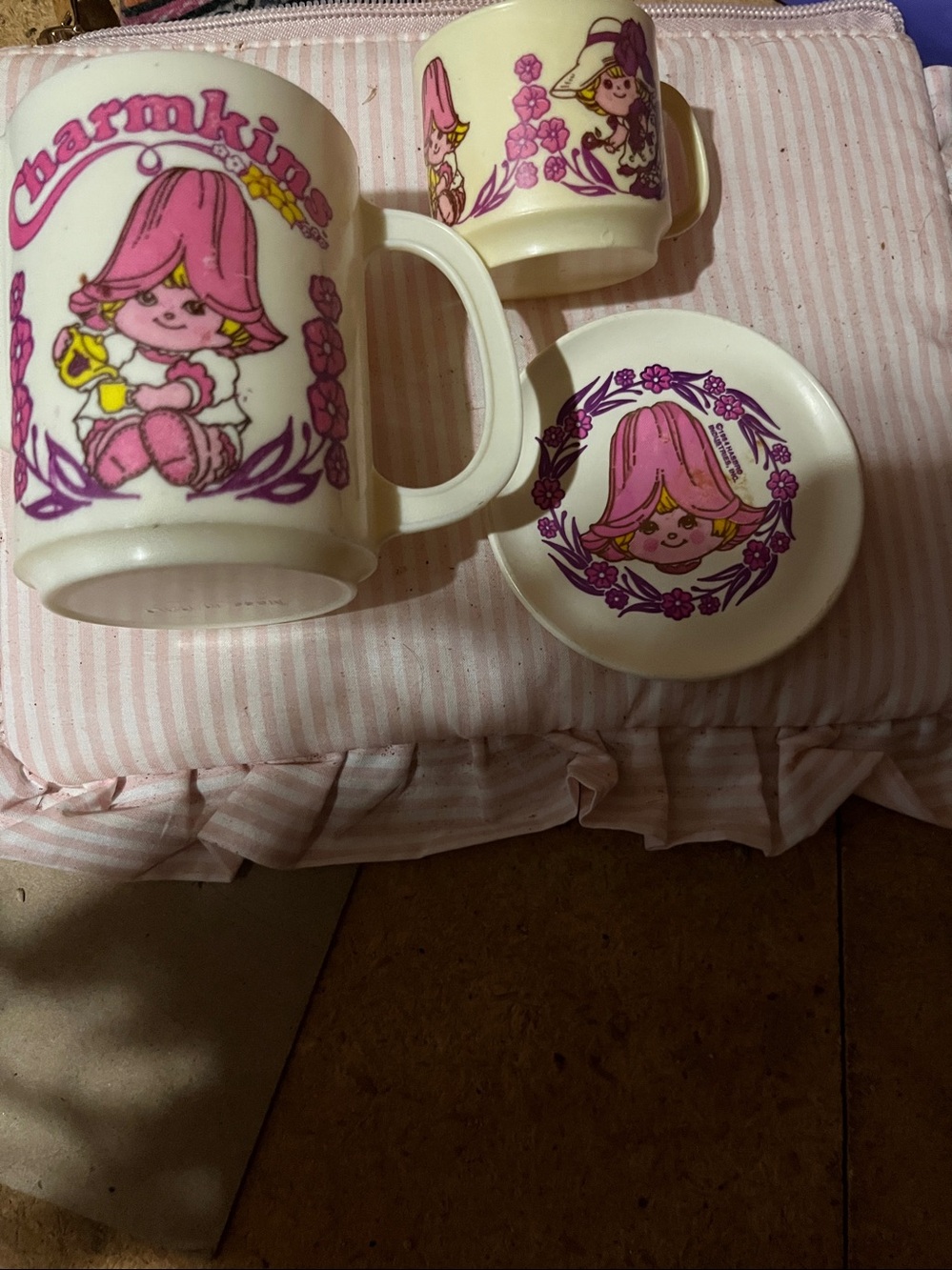 1984 Hasbro Charmkins replacement piece set with pitcher, cup, and saucer plate
